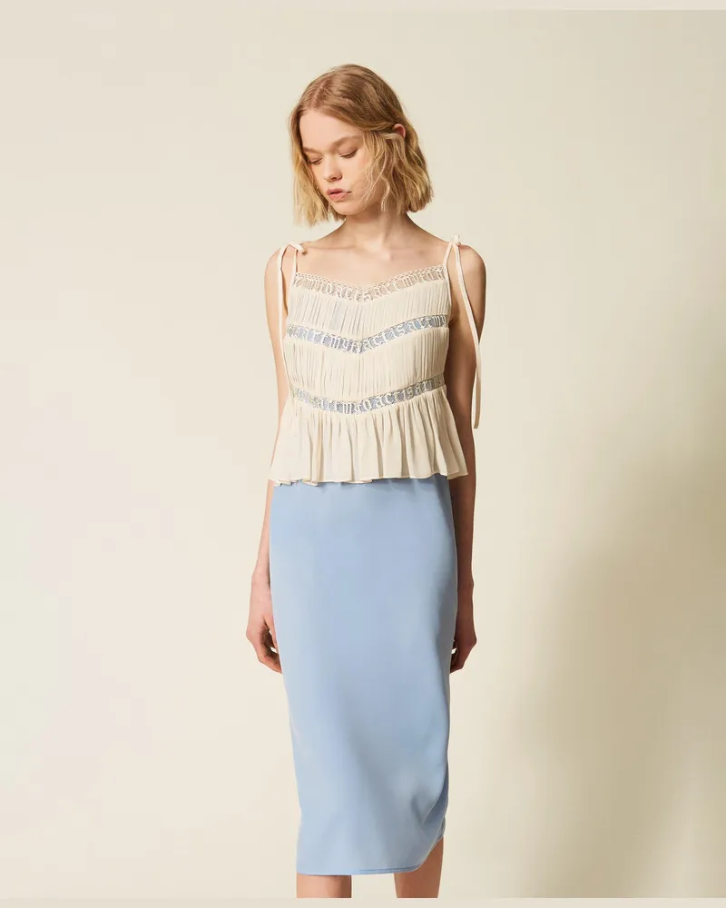 Actitude by Twinset Kleider - MYFO Midikleid mit Spitze und Falten, Zweifarbig Placid Blue/ Schneeweiß, Größe Zweifarbig