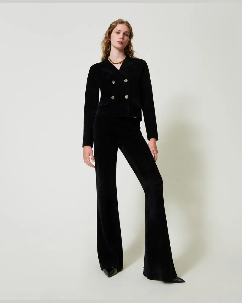 Twin-Set Hosen - Flare-Fit-Strickhose mit „Oval T"-Knöpfen, Schwarz, Größe Schwarz