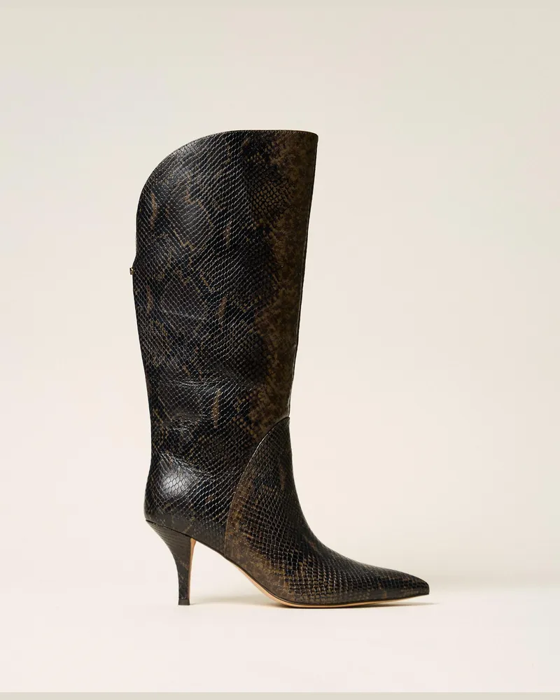 Twin-Set Hoher Stiefel aus Leder mit Pythonprägung, Damen, Pythonprint Coffee Pythonprint