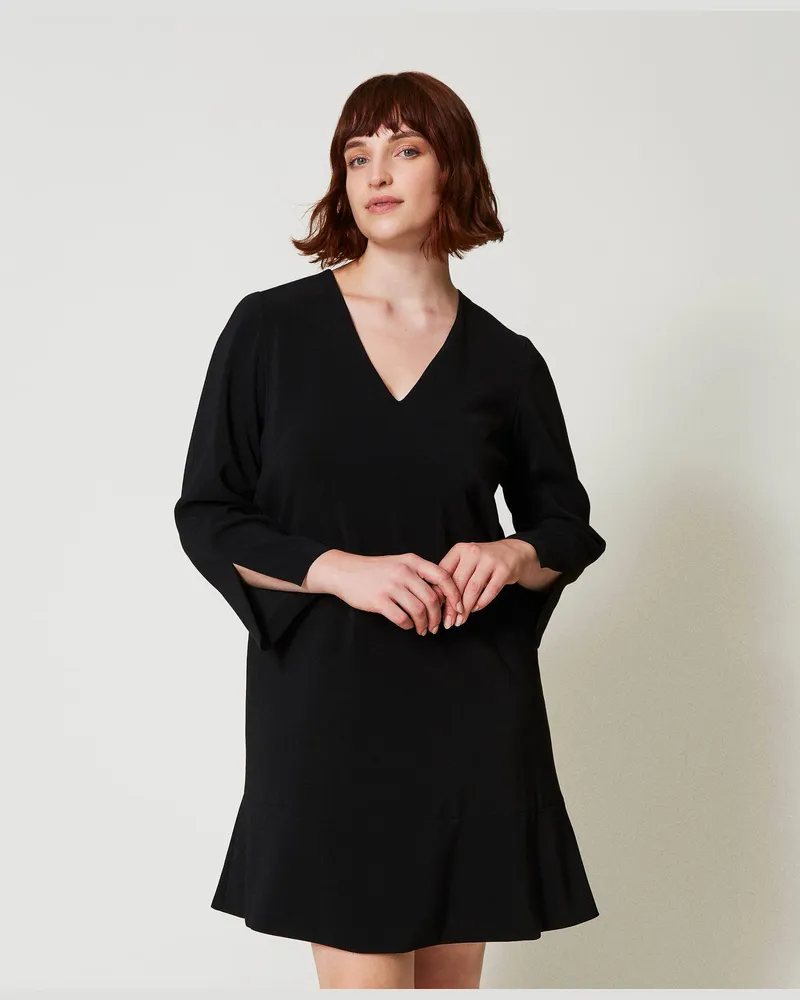 Twin-Set Kleider - Kurzes Kleid mit Volant und „Oval T"-Kettchen, Schwarz, Größe Schwarz