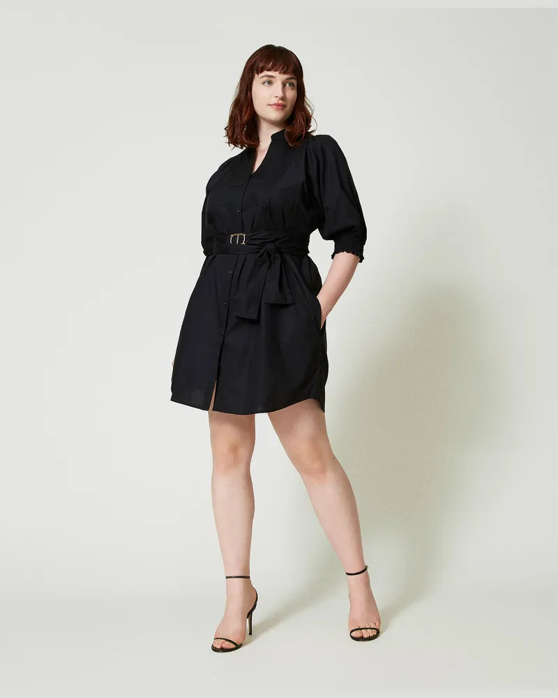 Twin-Set Kleider - Kurzes Hemdblusenkleid aus Popeline, Schwarz, Baumwolle, Größe Schwarz