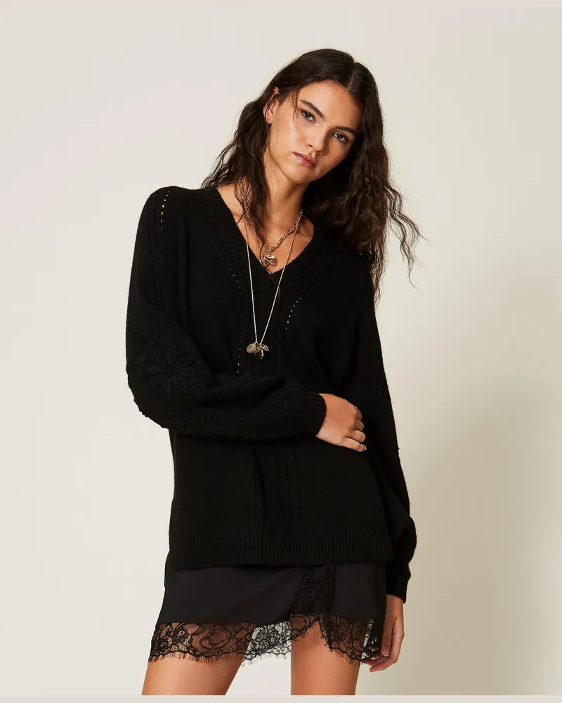 Twin-Set Pullover aus Wollmischung mit Stickerei Schwarz