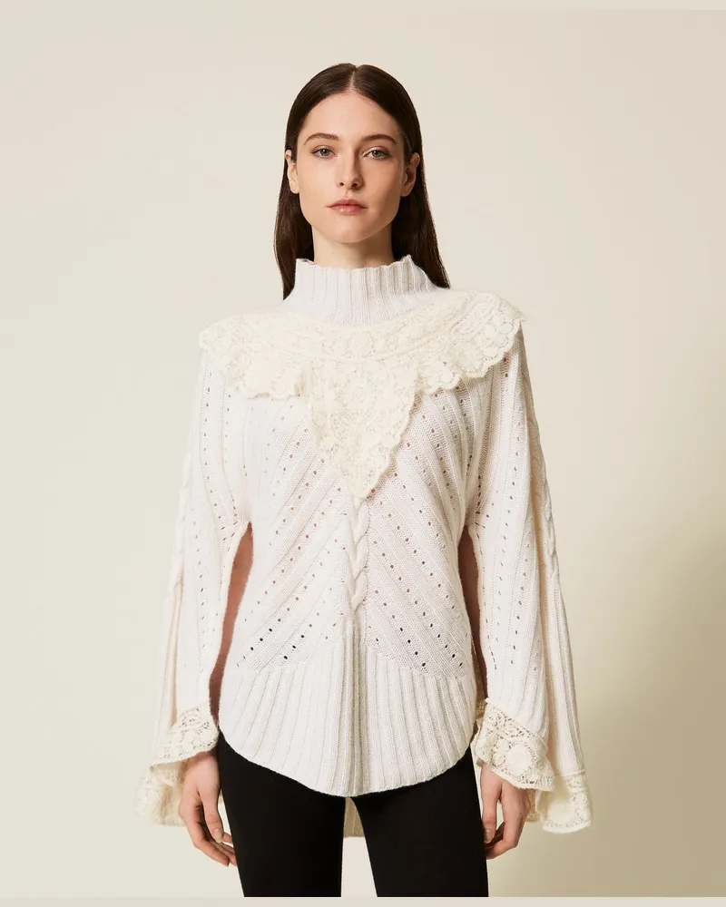 Twin-Set Longpullover aus Wollmischung im Häkeln-Design, Weiß Schnee, Wolle, Größe Weiß