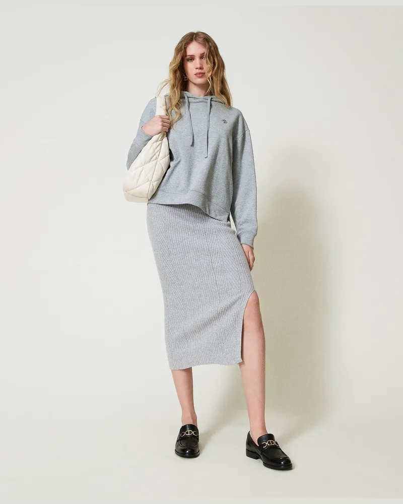 Twin-Set Röcke - Midi-Strickrock aus Wolle-Lurex-Mischung, Zweifarbig Grau / Silber, Größe: XXL 