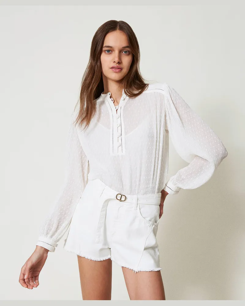 Twin-Set Blusen - Plisseebluse aus Georgette mit Stickereien, Weiß Schnee, Größe Weiß