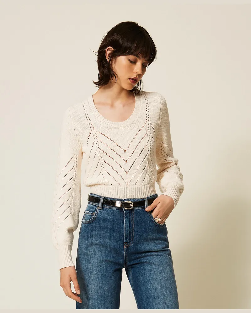 Twin-Set Cropped-Pullover aus Wollmischung mit Chevron-Dessin, Damen, "Parchment"-Beige Parchment-beige