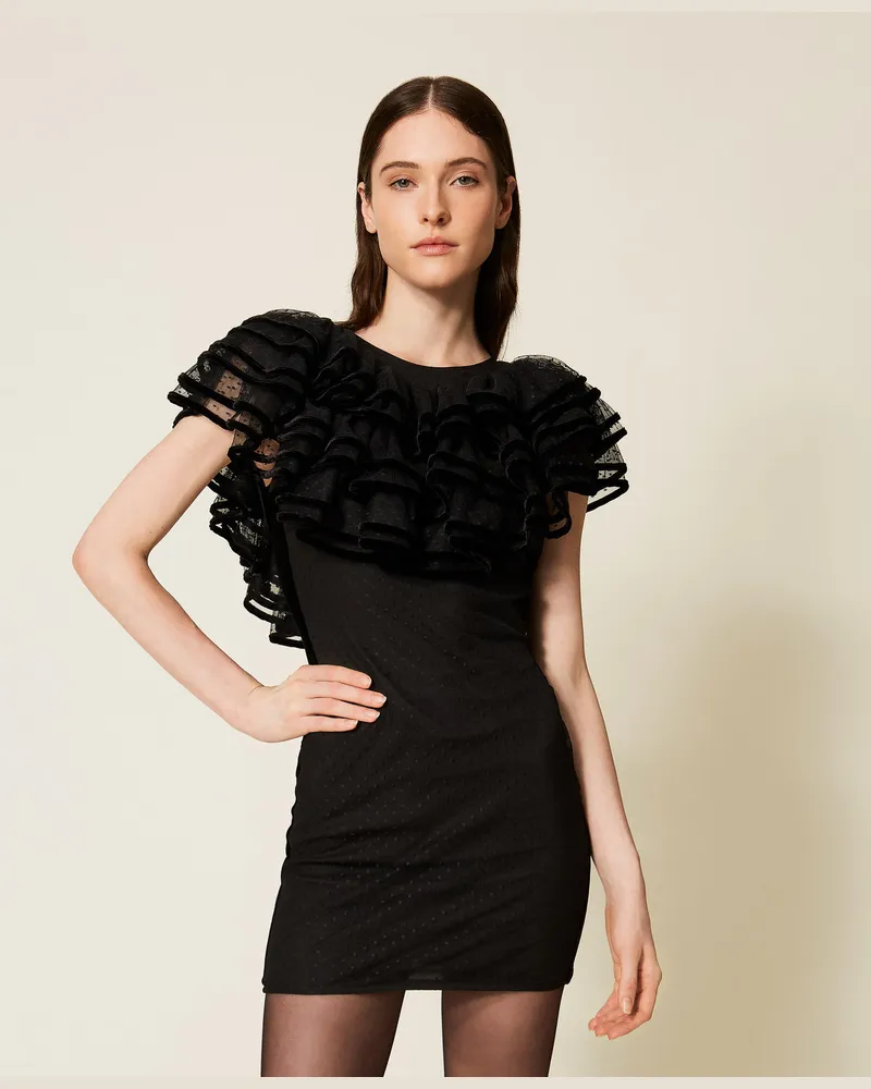 Twin-Set Kleider - Kurzes Kleid aus Plumetis-Tüll mit Volants, Schwarz, Größe Schwarz