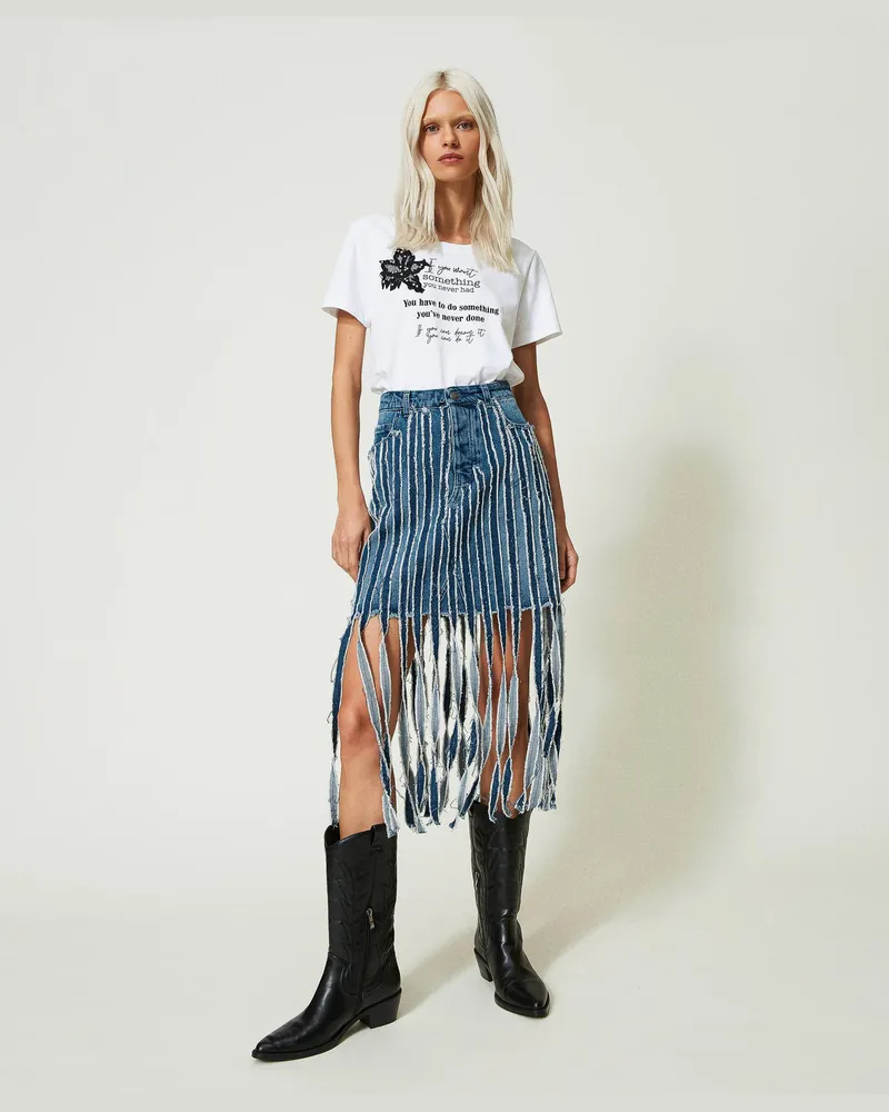 Actitude by Twinset Röcke - Mini-Jeansrock mit Fransen, Denim Dunkel, Größe: XXS 