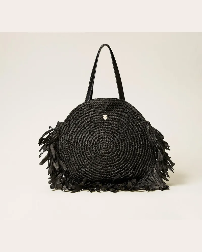 Twin-Set Bademode - Runder Shopper aus Rafia mit Fransen, Schwarz, Einheitsgröße Schwarz