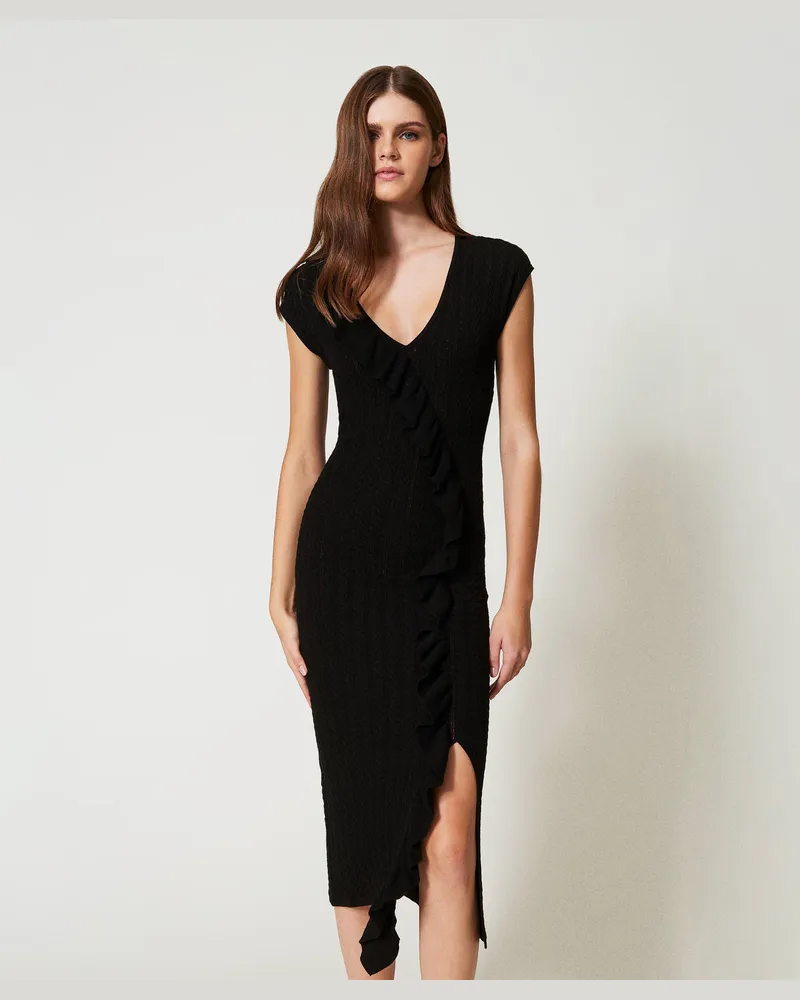 Twin-Set Bademode - Midi-Strickkleid mit Volant, Schwarz, Größe: L 