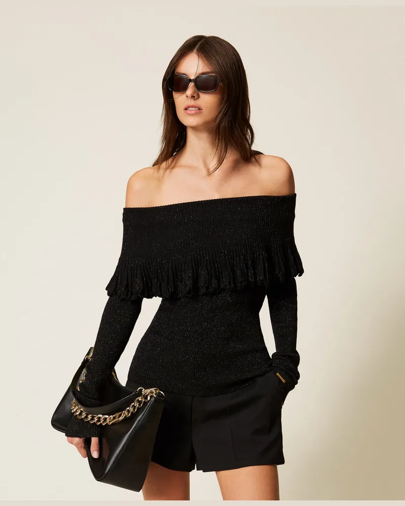 Twin-Set Off-Shoulder-Pullover mit Volant, Black Lurex, Größe Black