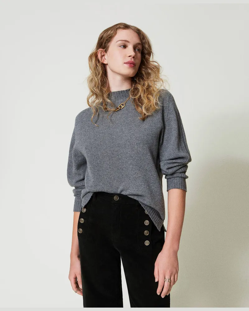 Twin-Set Stehkragenpullover aus Cashmere, Durchschnittgrau-Mélange, Kaschmir, Größe: XXL 