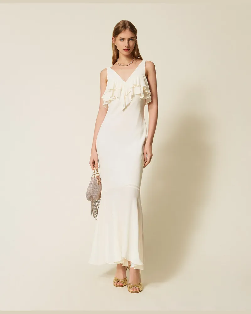 Twin-Set Kleider - Langes Kleid aus Crêpe mit Rüschen, Perlmutt, Größe Perlmutt