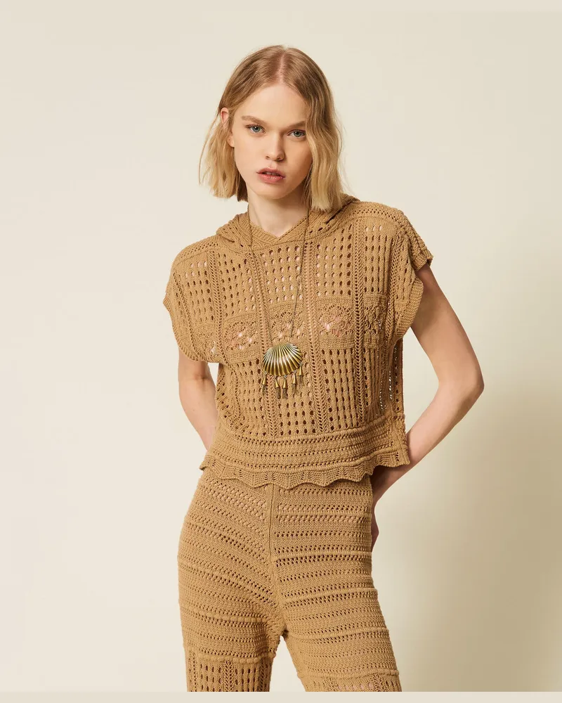 Twin-Set Pullover - Shirt im Karomuster mit Kapuze, "Cork"-Braun, Baumwolle, Größe Cork-braun