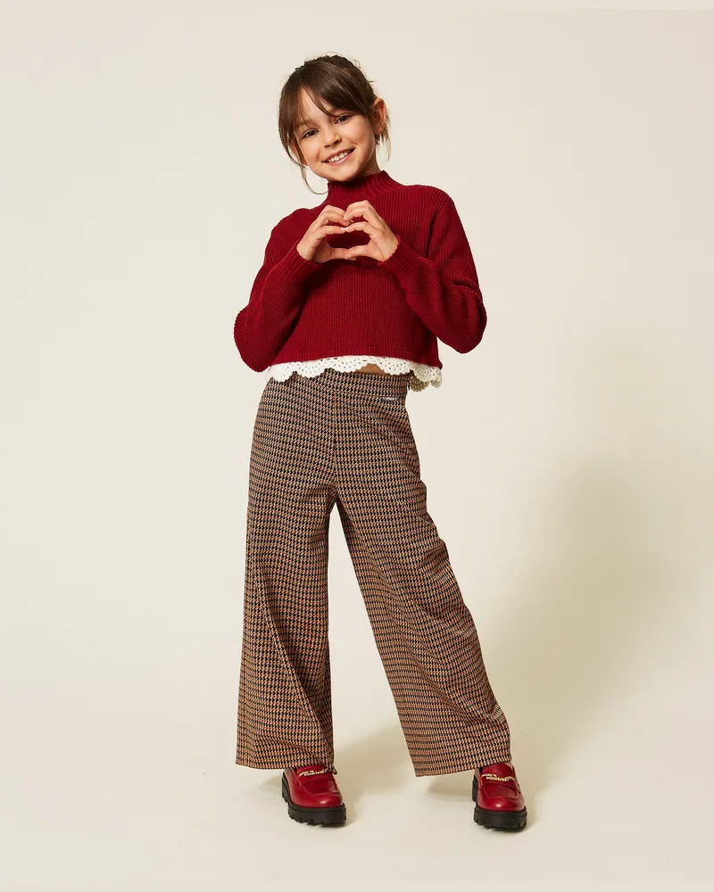 Twin-Set Palazzohose mit Hahnentrittmuster, Damen, Hahnentrittmuster "Iced Coffee"-Braun / Red Ruby Hahnentrittmuster