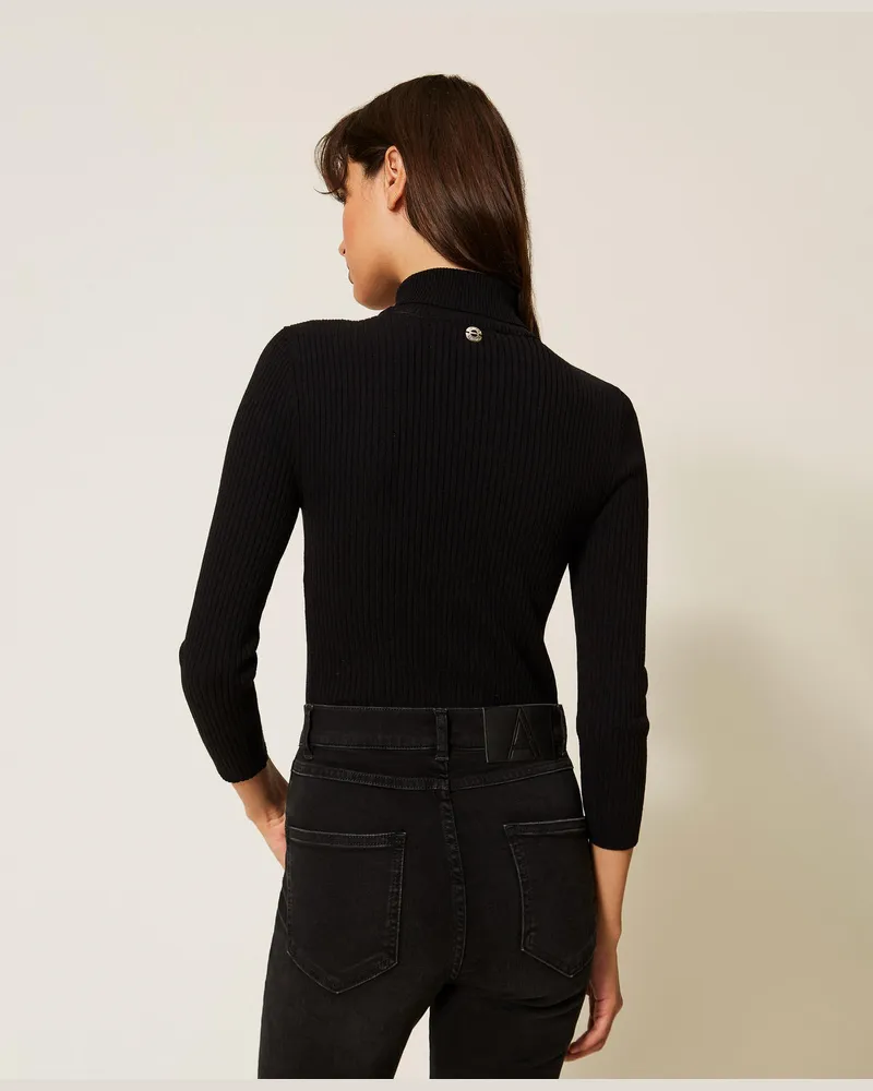 Actitude by Twinset Pullover mit Rollkragen und Schmuckbrosche, Schwarz, Baumwolle, Größe Schwarz