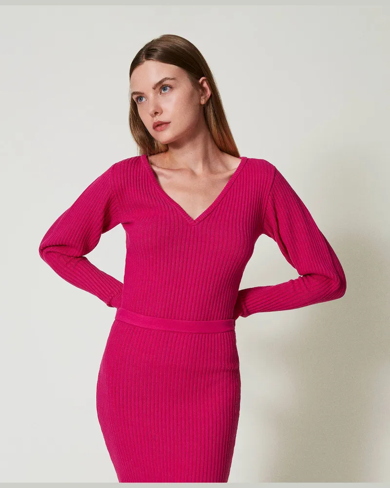 Actitude by Twinset Figurbetonter Pullover mit Rippenmuster, Super Pink, Größe: L 