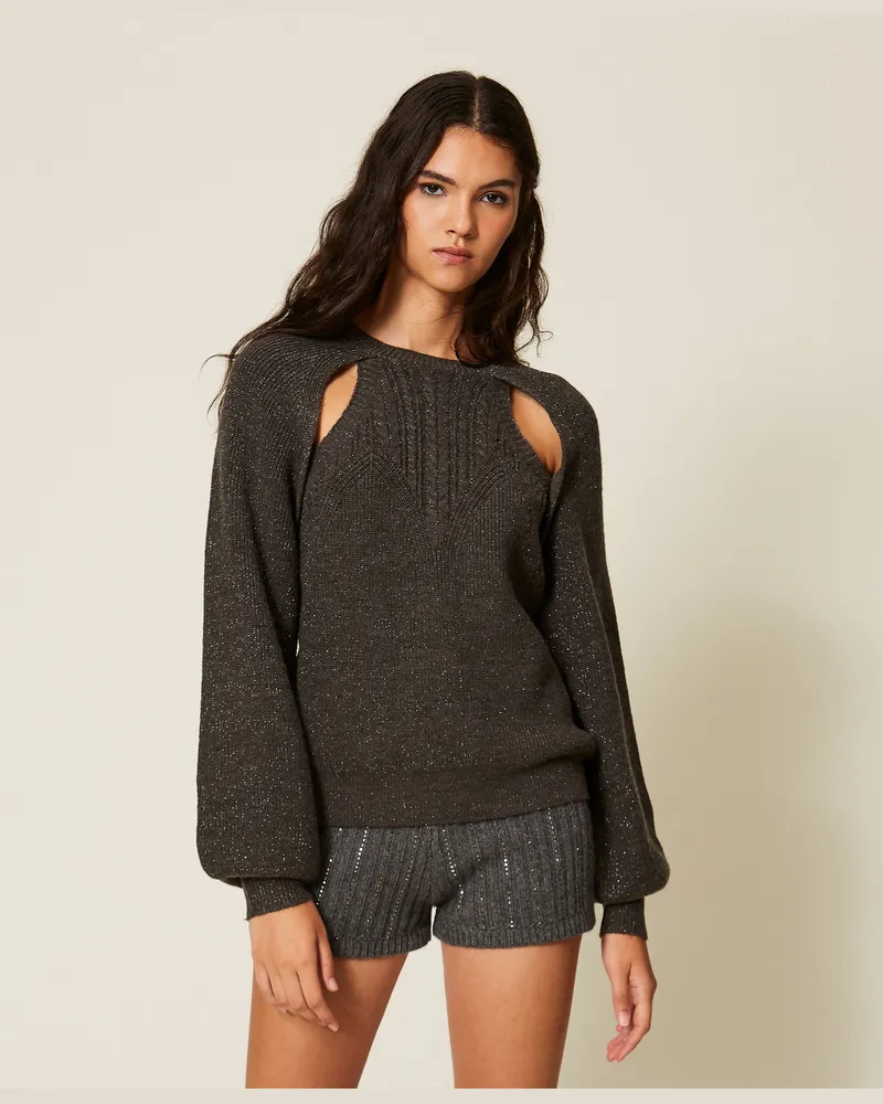 Twin-Set Pullover mit Cut-outs und Zopfmuster Dunkelgrau