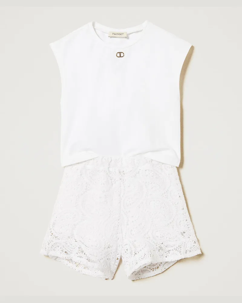 Twin-Set Hosen - Top mit Brosche und Shorts aus Makrameespitze, "Ice"-Weiß, Größe: 18M 