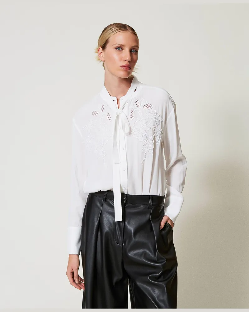 Twin-Set Hemden - Bluse aus Georgette mit Stickerei, Weiß Schnee, Größe Weiß