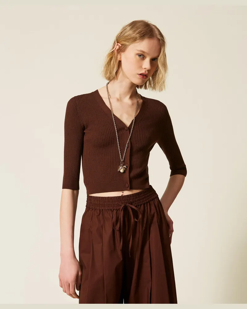 Twin-Set Cardigans - Cardigan aus Baumwolle und Seide, Coffee Liqueur, Größe Coffee