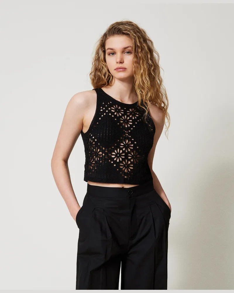 Twin-Set Tops - Häkeltop mit Blumendessin, Schwarz, Baumwolle, Größe: XXL 