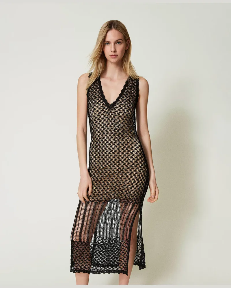 Twin-Set Kleider - Handbesticktes Midi-Strickkleid, Schwarz, Größe Schwarz