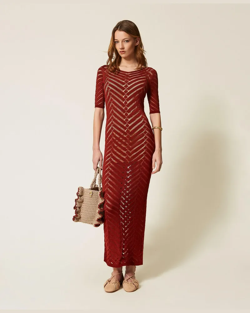 Twin-Set Kleider - Langes Strickkleid mit Zickzack-Muster, „Henna" Brown, Größe „henna“