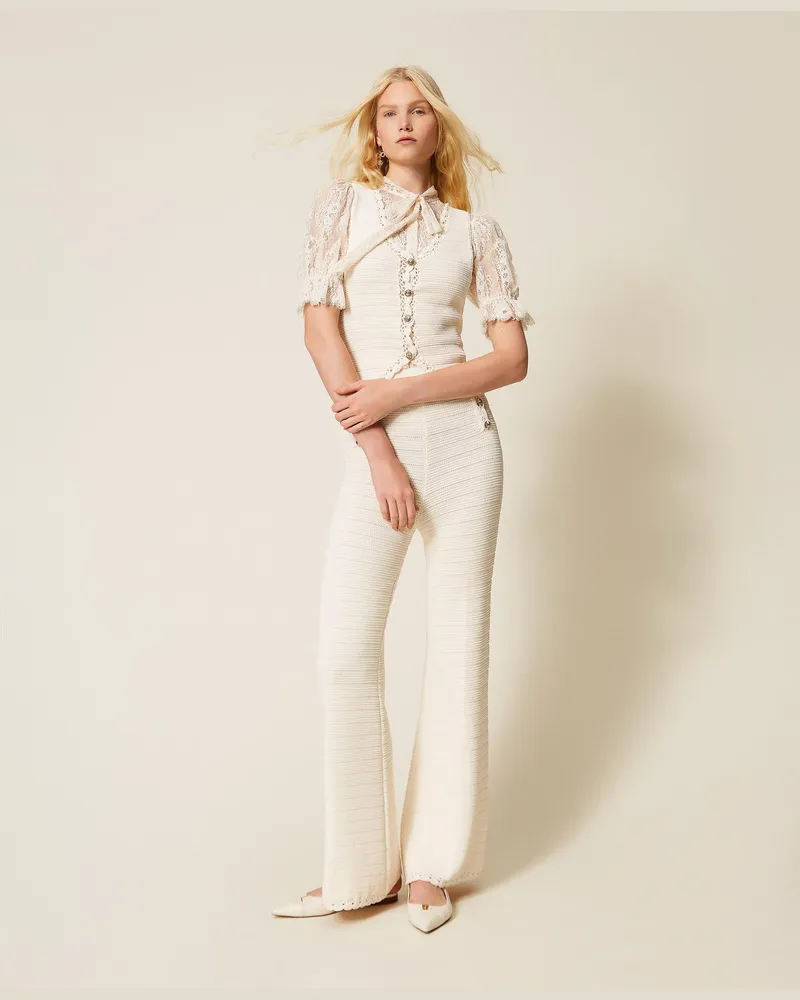 Twin-Set Hosen - Strickhose mit Häkeleinsatz, "Parchment"-Beige, Größe Parchment-beige