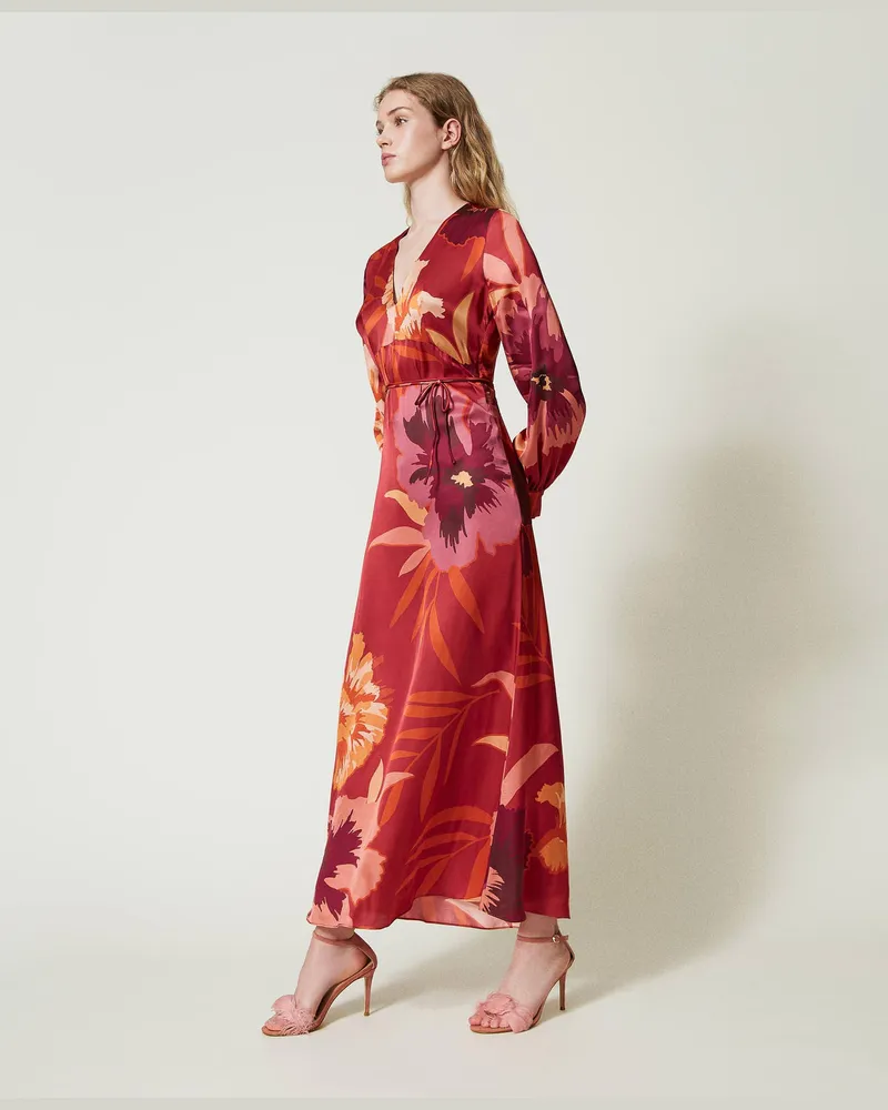 Twin-Set Kleider - Maxikleid aus Satin mit Blumendessin, Makroblumen Rot / Pflaumenrot, Größe Makroblumen