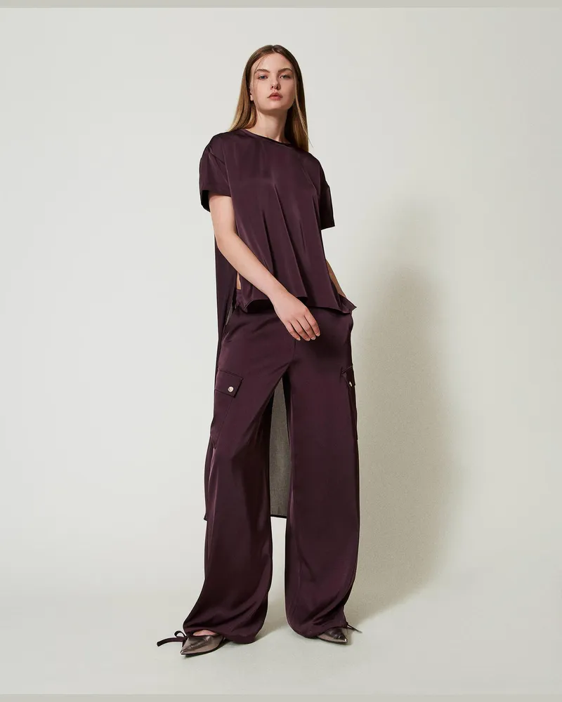 Actitude by Twinset Blusen - Asymmetrische Bluse aus Satin und Georgette, Knallviolett, Größe Knallviolett