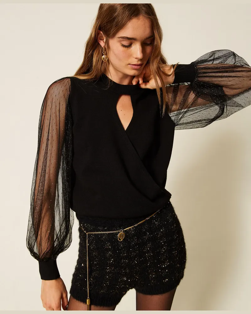 Twin-Set Pullover mit Ärmeln aus Plumetis-Tüll, Damen, Schwarz Schwarz