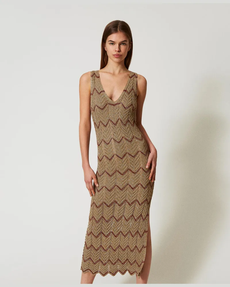 Twin-Set Kleider - Zweifarbiges Midistrickkleid, Zweifarbig Lurex Golden Green / Amber Brown, Größe Zweifarbig