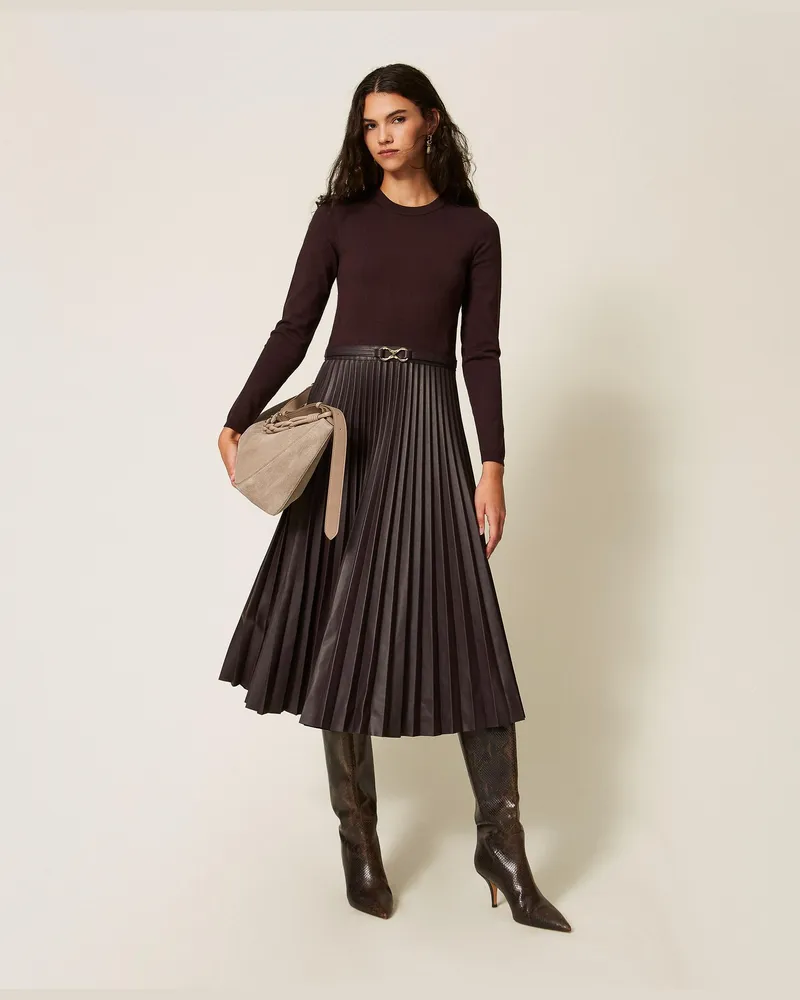 Twin-Set Langes Strickkleid mit Lederoptik, Damen, Kaffeeschokolade Kaffeeschokolade