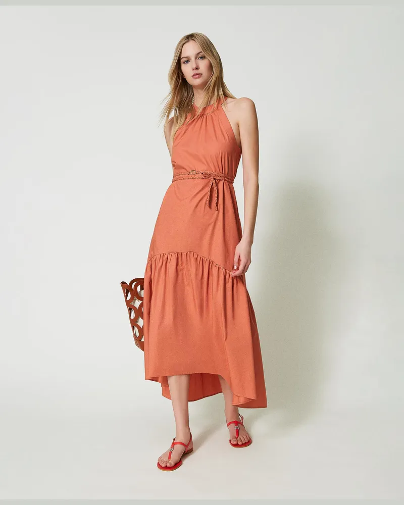 Twin-Set Kleider - Asymmetrisches Maxikleid aus Popeline, „Canyon Sunset"-Orange, Baumwolle, Größe „canyon