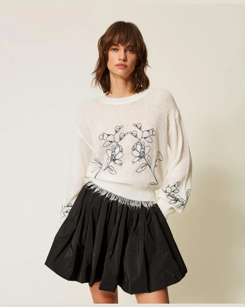 Twin-Set Pullover mit floralem Stickmotiv und Fransen, Damen, "Schneeweiß" / Stickerei Schwarz Schneeweiß