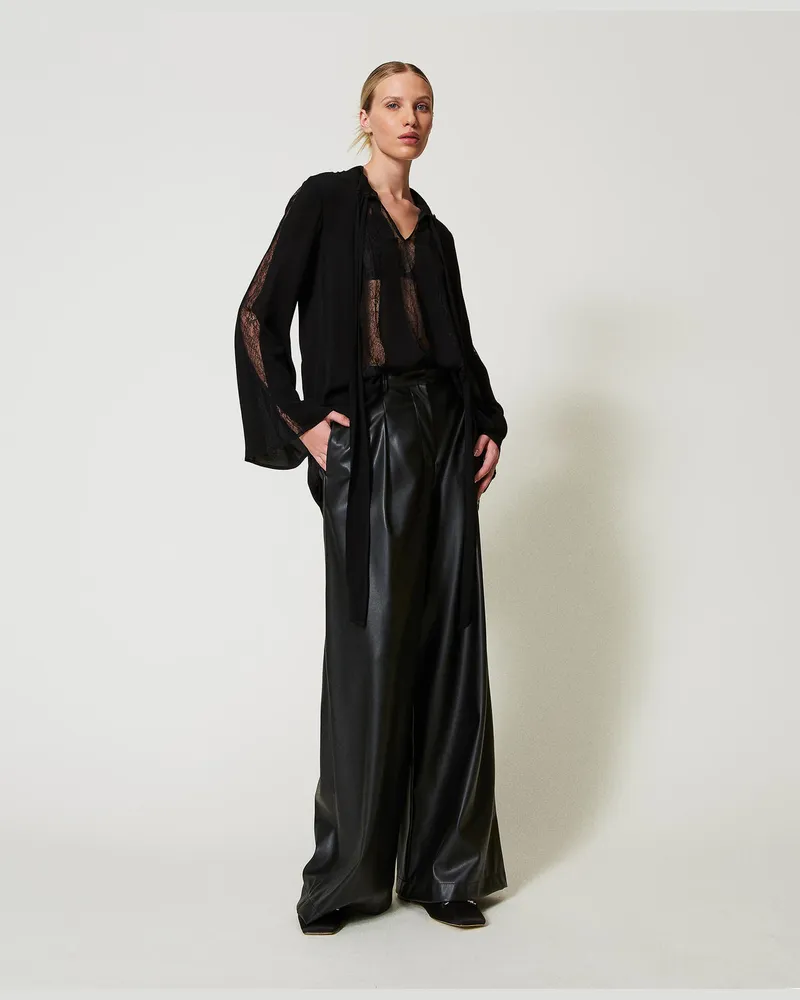 Twin-Set Hosen - Wide-Leg Hose in Lederoptik, Schwarz, Größe Schwarz