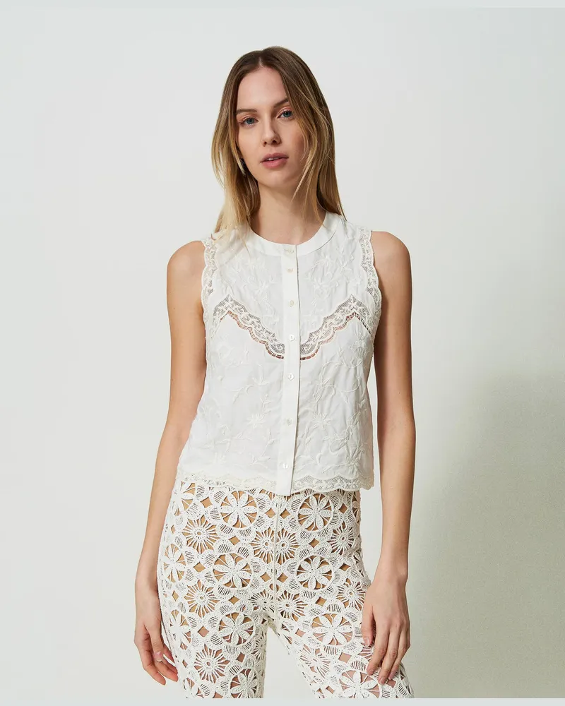 Twin-Set Tops - Ärmelloses Top mit Blumenstickereien, Weiß, Baumwolle, Größe: 50 