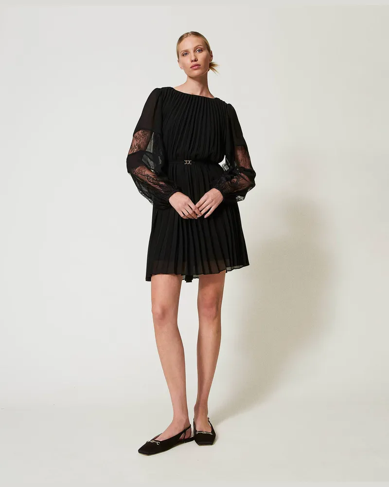 Twin-Set Kleider - Kurzes Plisseekleid aus Georgette mit Spitze, Schwarz, Größe Schwarz