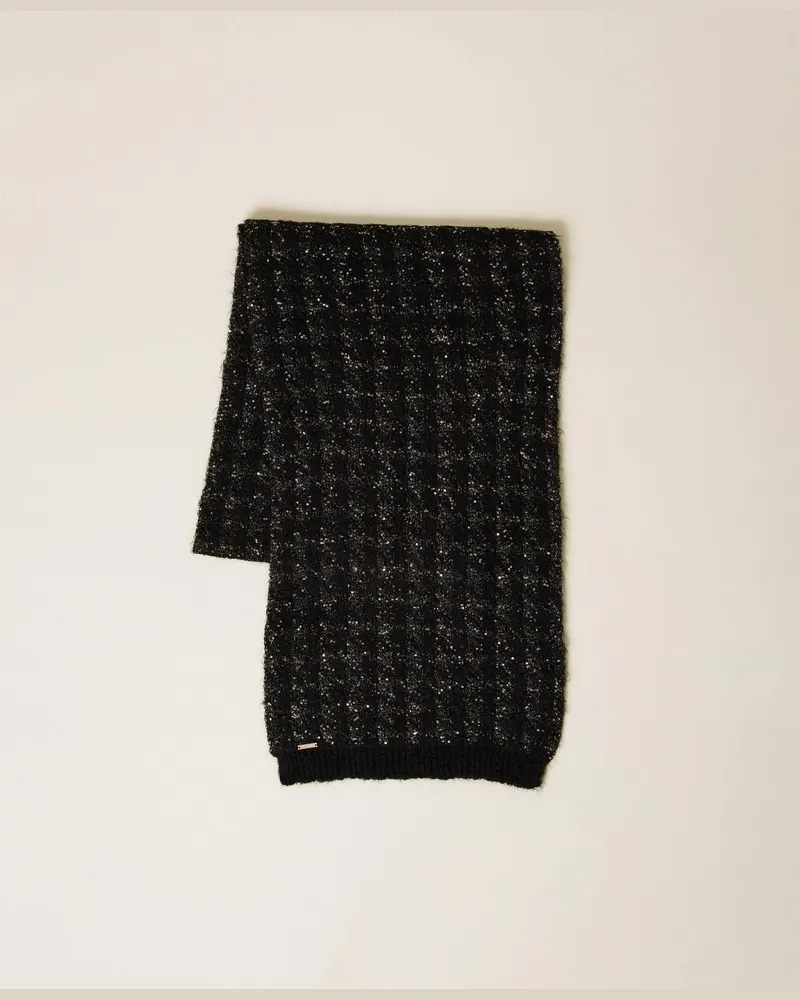 Twin-Set Schal aus Jacquard-Strick mit Hahnentrittmuster, Damen, Schwarz / Schwarz-Gold Schwarz