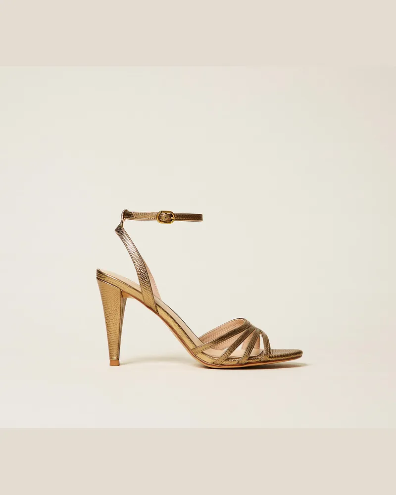 Twin-Set Schuhe - Sandalette aus Metallic-Leder mit Print-Motiv, Gelbgold, Größe Gelbgold