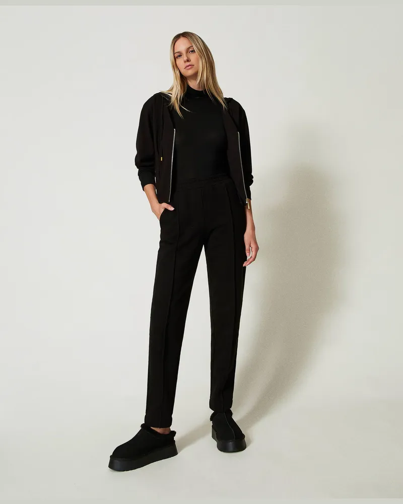 Twin-Set Hosen - Zigarettenhose aus Sweatstoff, Schwarz, Baumwolle, Größe Schwarz