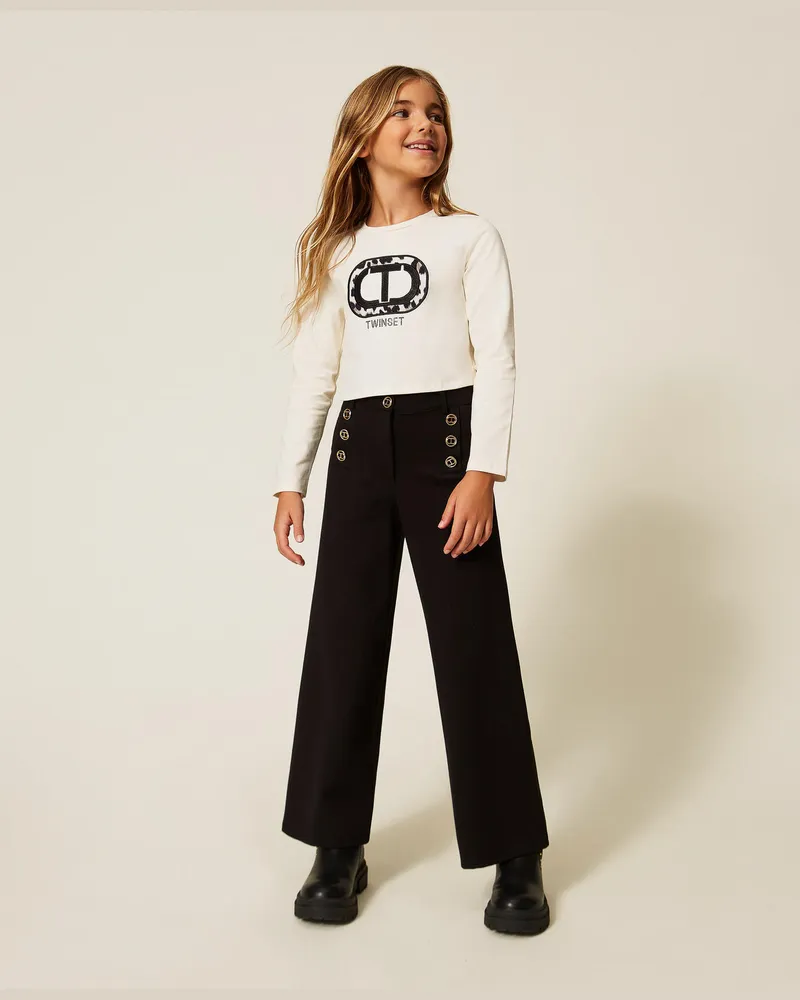 Twin-Set Hosen - Palazzohose mit „Oval T"-Knöpfen, Schwarz, Größe Schwarz
