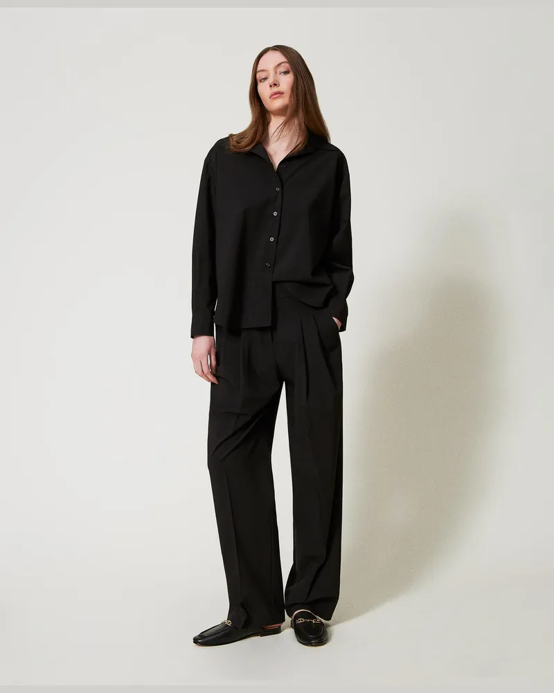 Twin-Set Hosen - Wide-Leg-Hose mit doppelten Bundfalten, Schwarz, Größe Schwarz