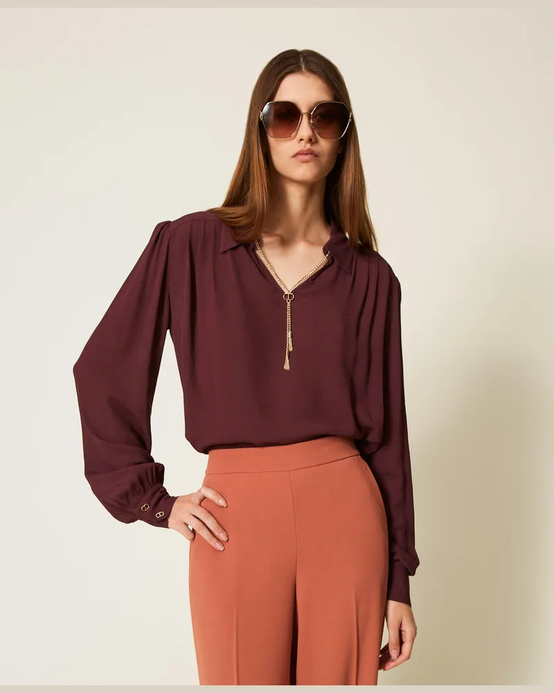 Twin-Set Blusen - Bluse mit Raffungen und „Oval T"-Kettchen, „Winetasting"-Violett, Größe „winetasting“-violett