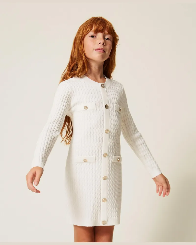 Twin-Set Kurzes Strickkleid mit Zopfmuster, Damen, Weiß Schnee Weiß