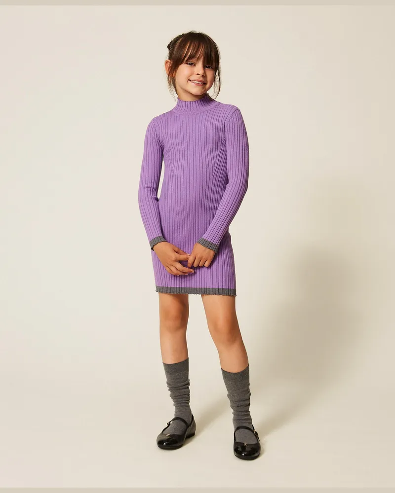 Twin-Set Kurzes Kleid in Rippenstrick, Damen, Zweifarbig "Hyazinthen-Violett" / Meliertes Dunkelgrau Zweifarbig