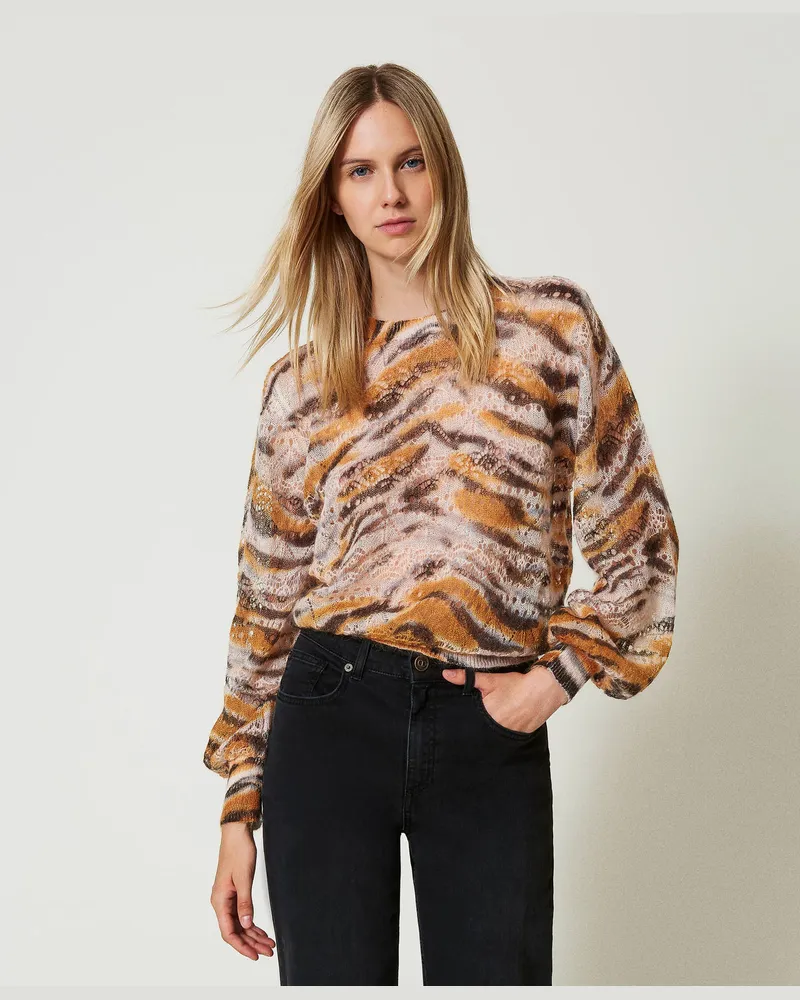 Twin-Set Pullover aus Wolle-Mohair-Mischung, Print Tiger „Tenné"-Orange / Schwarz, Mit Blumen, Größe: XXL 