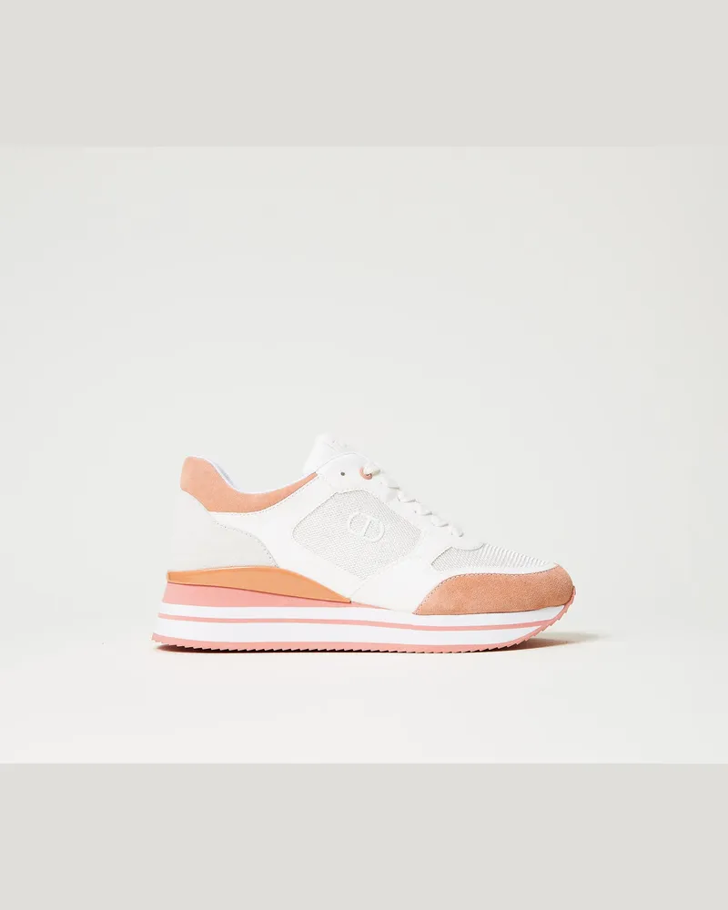 Twin-Set Schuhe - Color-Block-Sneaker im Laufschuhstil, Zweifarbig Optisches Weiß / „Canyon Sunset"-Orange, Größe Zweifarbig