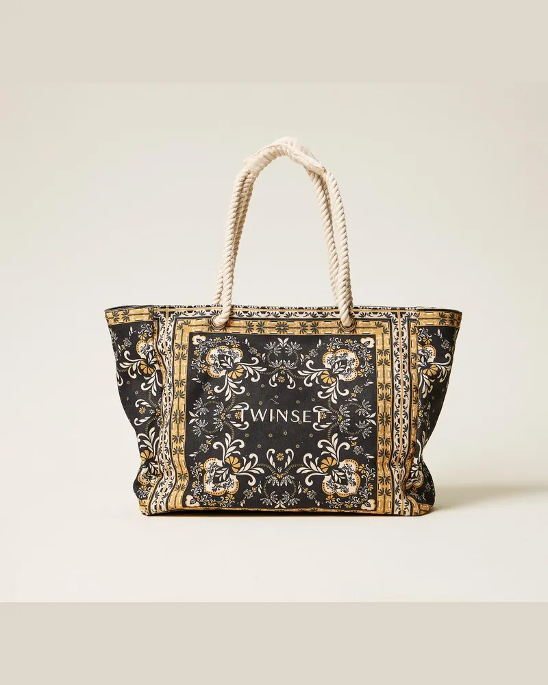 Twin-Set Bademode - Shopper aus Canvas mit Print, Print Foulard Schwarz, Einheitsgröße Print